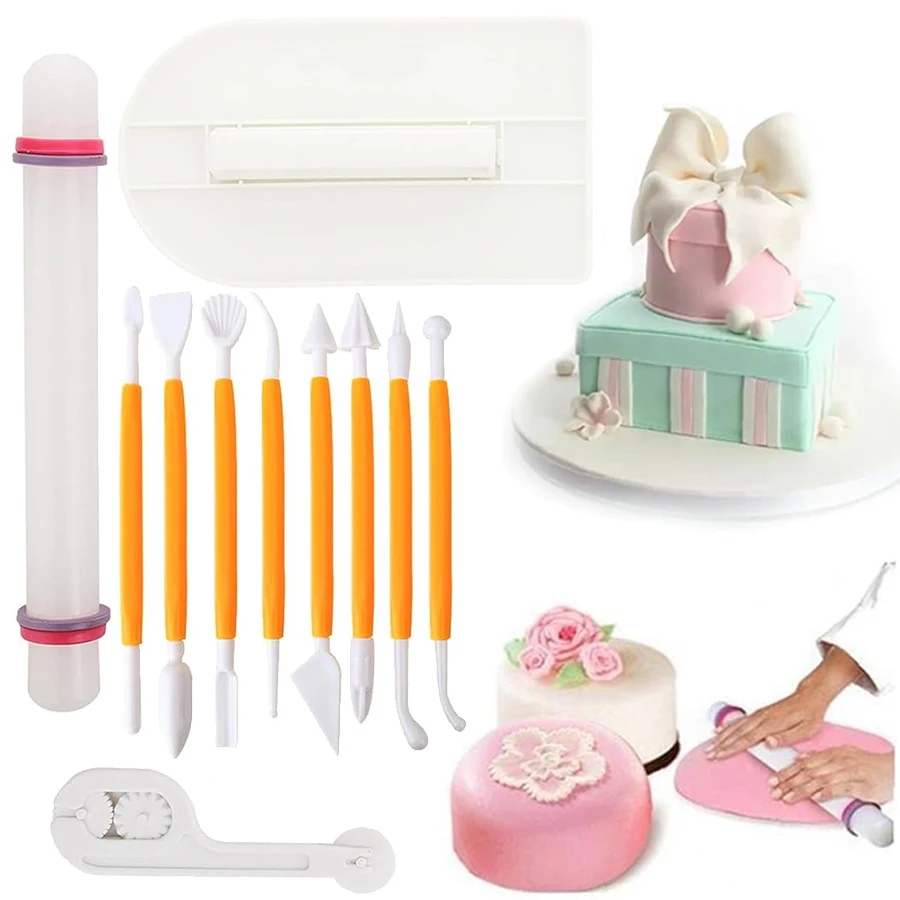 Fondant Smoother Set - 11 個フォンダンツールセットケーキデコレーションキットスムーズな彫刻ペン麺棒ローリングカッターホームベーキング用品 JXB