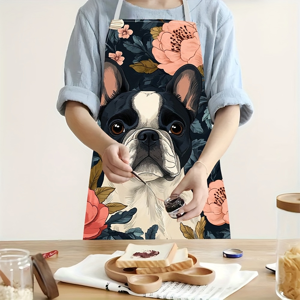 Kitchen Baking Gift Ideas - フレンチブルドッグ柄エプロン - リネン風、可愛い犬柄、家庭料理、ベーキング、キッチン、レストランでの使用、ギフトに最適