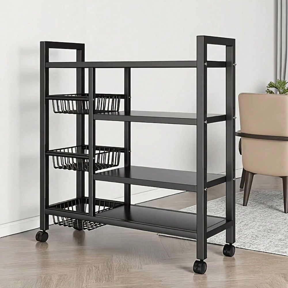 Kitchen Baking Pantry - 可動式キッチン収納ラック（大型メタルメッシュバスケットと電子レンジホルダー付き）– カウンタートップ、パントリー、またはアイランド用の多機能ベーキング＆整理スタンド – コンパクトな省スペース設計、防錆仕上げ、組み立て簡単、家庭用キッチンに最適