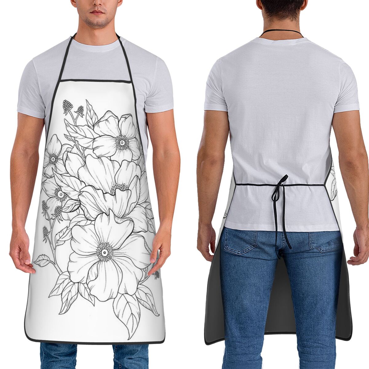 Kitchen Baking Drawing - 花束スケッチ植物ラインアートニュートラルフローラルドローイングエプロンシェフベーキングタブリエビブキッチンクリーニングピナフォア