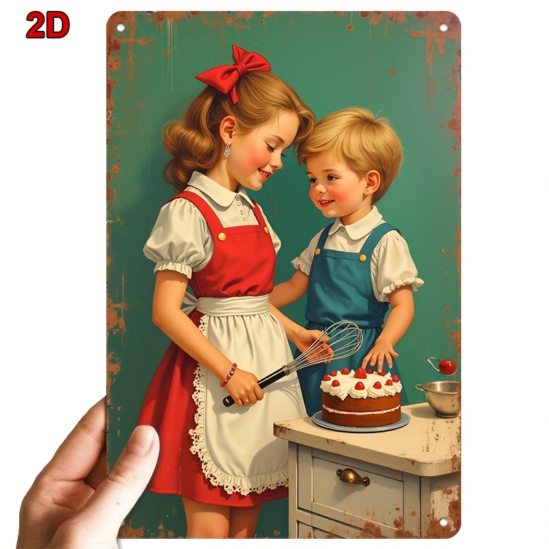 Kitchen Baking Wall Art - 8x12インチ メタルブリキ看板 兄妹がベイクしたイチゴケーキ ファームハウスキッチン カフェ ウォールアート装飾