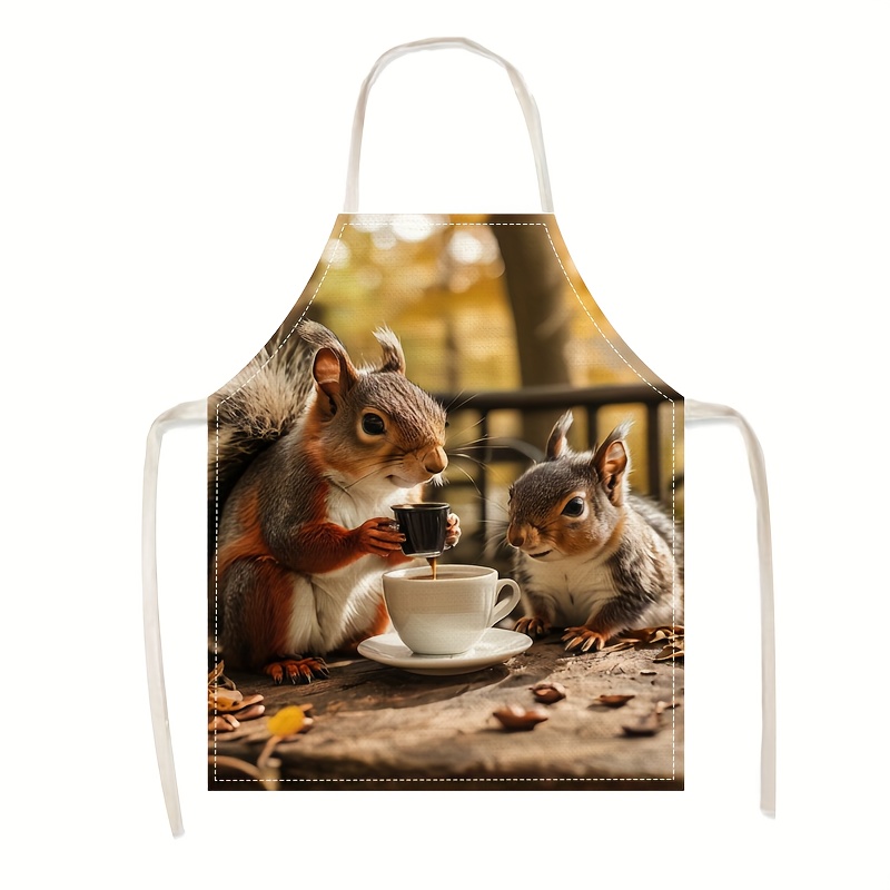Kitchen Baking Gift Ideas - リネンエプロン リスコーヒー風景プリント キッチン クッキング ベーキング ガーデニング