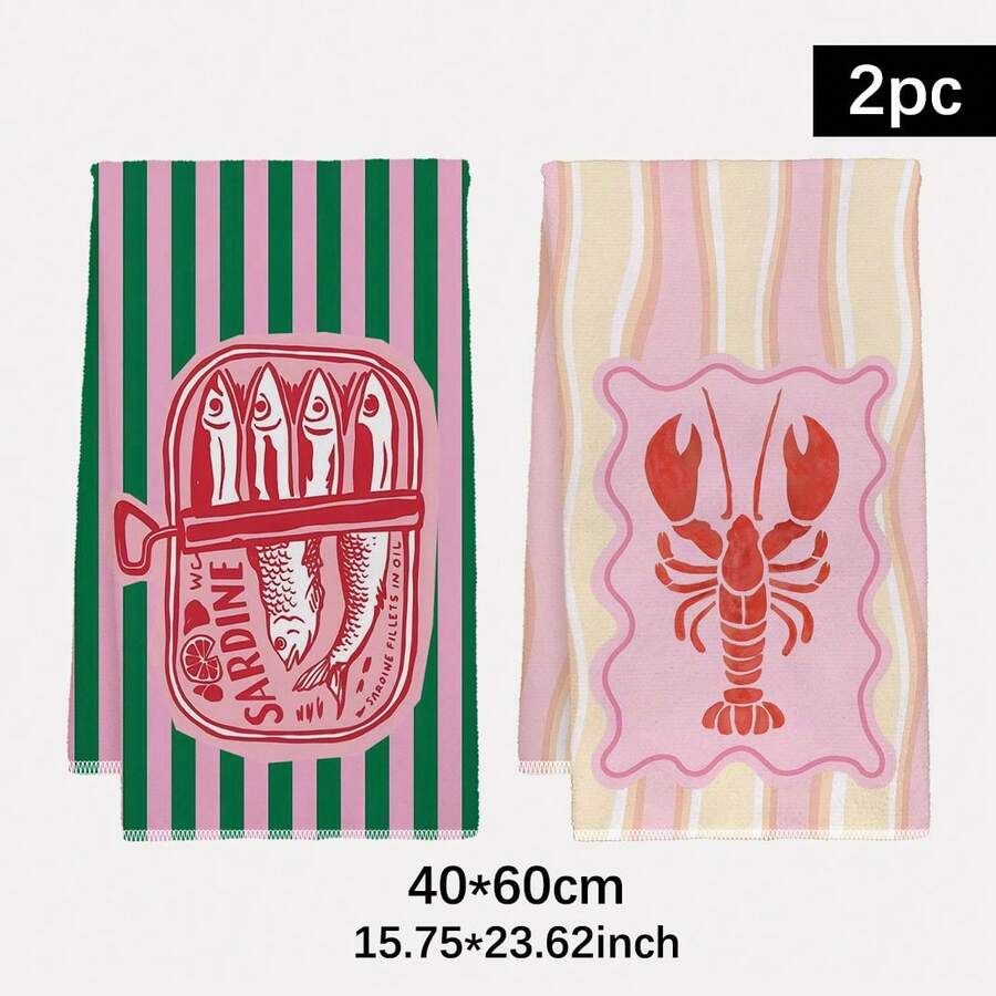Kitchen Baking Must Haves - 2枚セット、ピンクとグリーンのストライプ模様のエビと魚柄キッチンタオル、40cm*60cmタオルセット、最高のキッチンタオル、超吸収性の柔らかいクリーニングクロス、料理、ベーキング、お茶作りに欠かせない、キッチンや家庭に必須のアイテム。