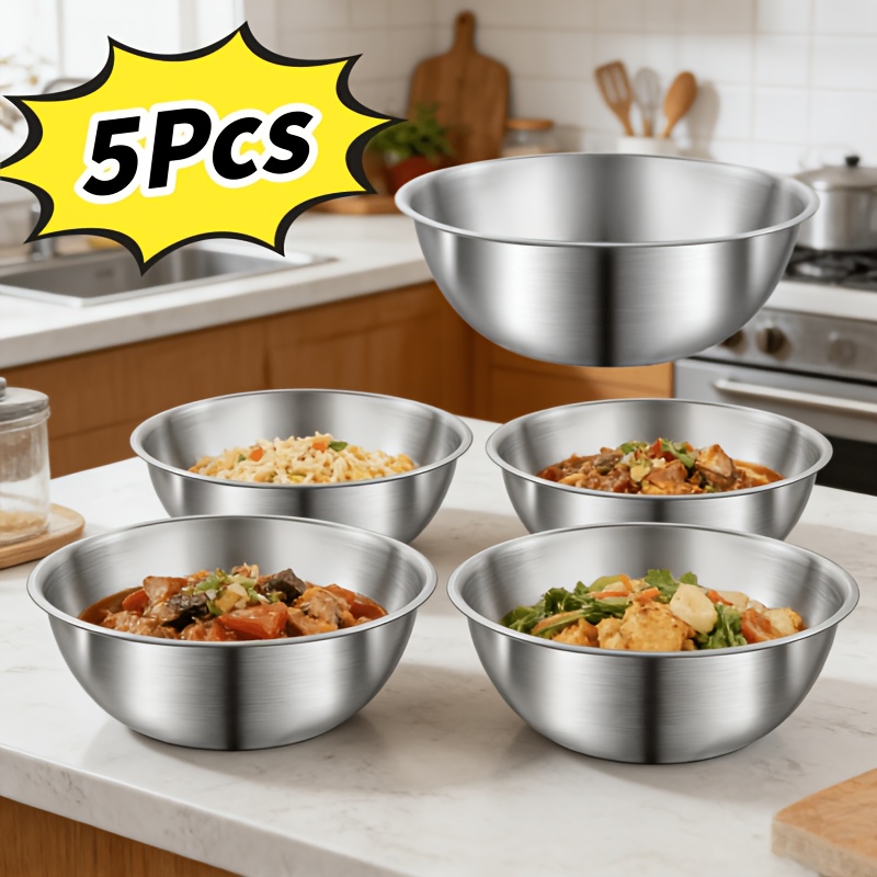 Baking (Kitchen Ingredient) - 5個セット、多機能ステンレス製キッチンボウル、ベーキング、卵や生地の混ぜ合わせ、食材の準備、サラダの盛り付け、野菜の洗浄と水切り、家庭用保存ボウル、多機能キッチン用ベーキングおよび材料調理ボウル、ステンレス製調理ボウル、キッチン用ベーキングおよび混合ボウル、家庭用サラダや野菜の洗浄ボウル、ヨーロッパやアメリカの小さなキッチンに最適、家庭用、ピクニック、ベーキングに、多様なシーンに対応、多用途。