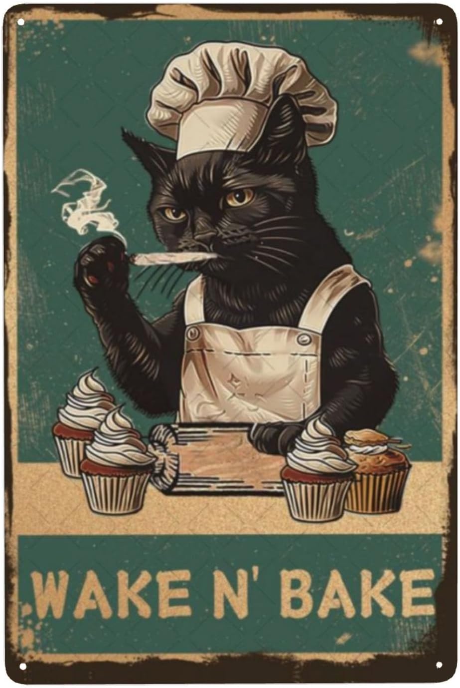 Kitchen Baking Wall Art - ウェイク・アンド・ベイク メタルサイン 黒猫 ウォールデコレーション キッチンウォールアート 猫好きのための家の装飾