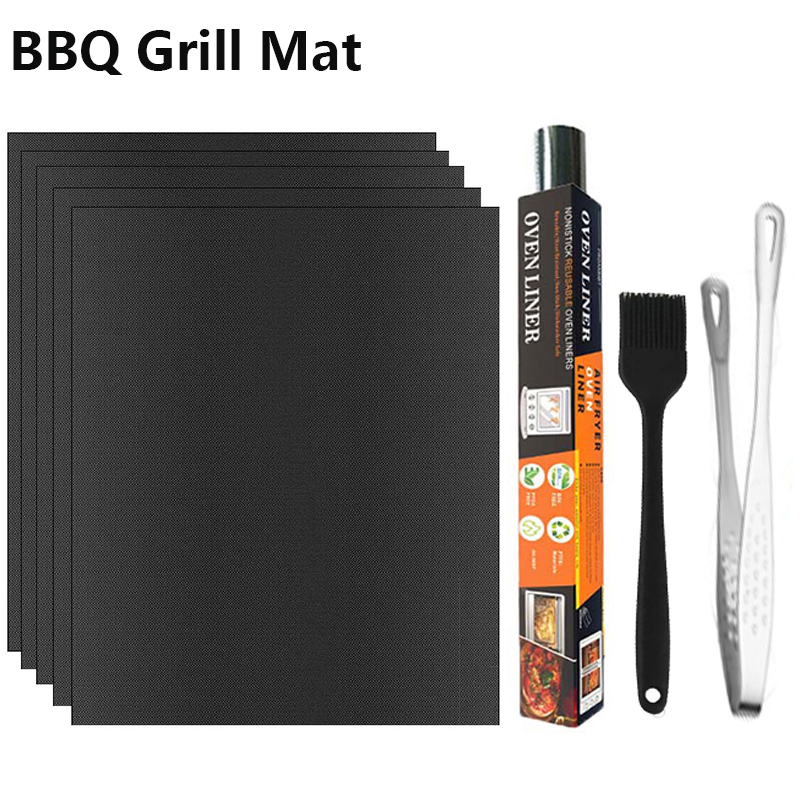 Super Kitchen Baking Mat - ノンスティックバーベキューグリルマットセット オイルブラシとトング付き 耐熱屋外バーベキューグリルマット チャコールグリル用 再利用可能なマット