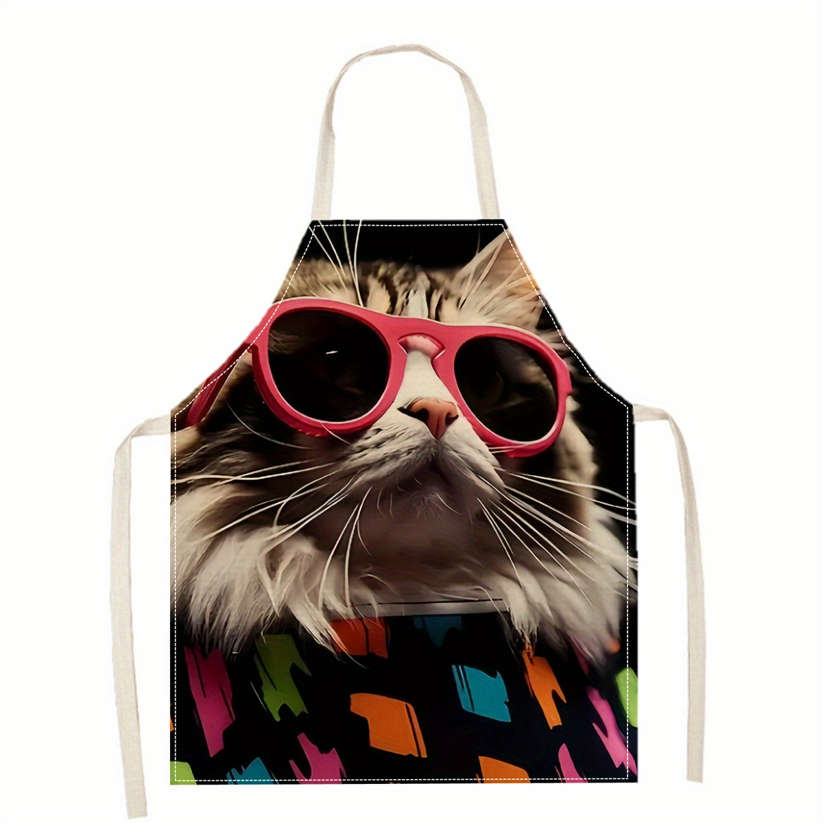 Kitchen Baking Gift Ideas - リネンエプロン 面白い猫のサングラスプリント キッチン 調理 ベーキング ガーデニング