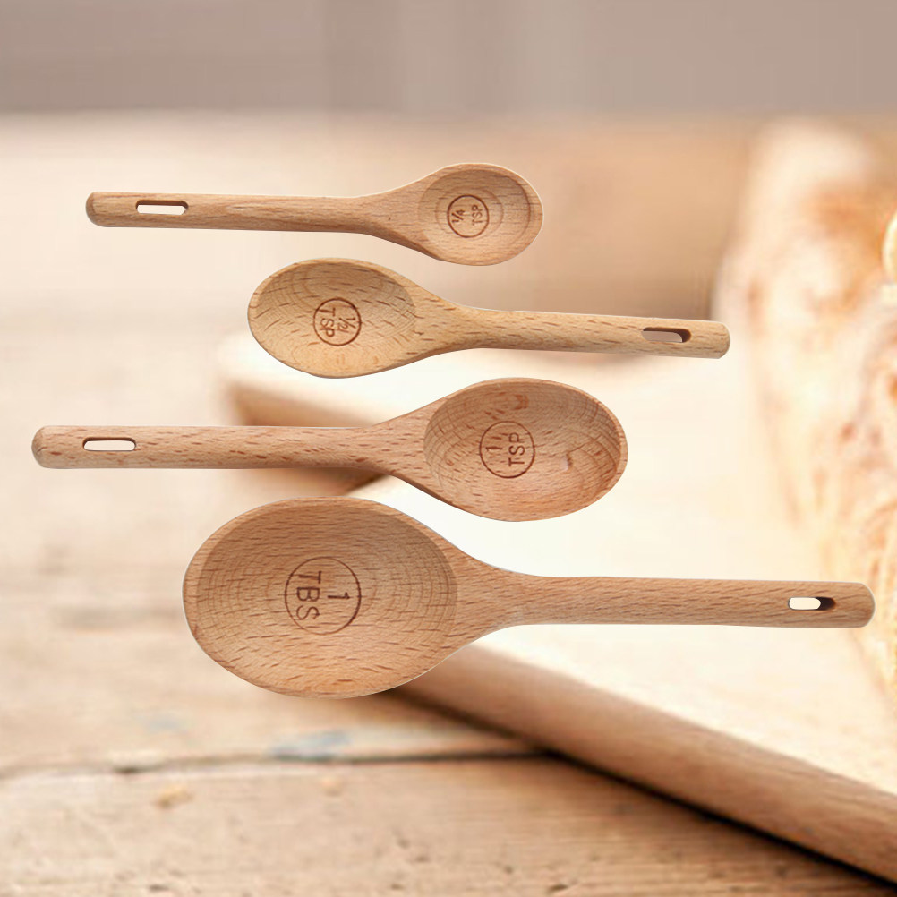 Baking (Kitchen Ingredient) - 4個入り木製計量スプーンセット、ブナ材、正確な刻印入りキッチンツール、乾燥・液体材料用、ベーキング用品セット