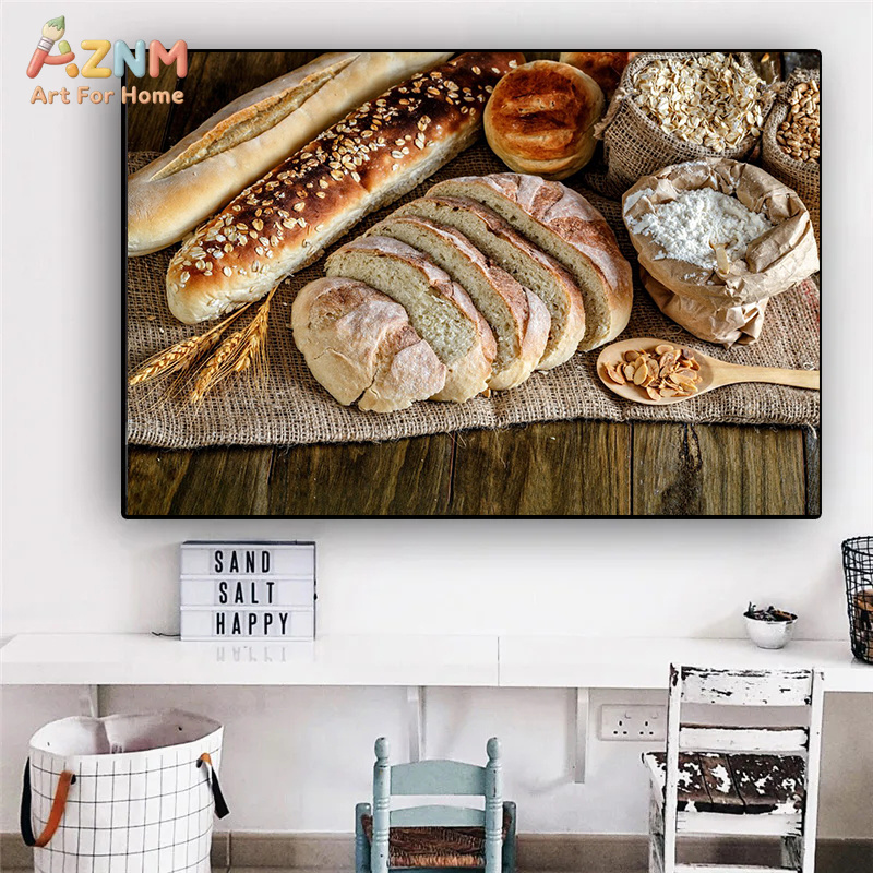 AZNM リアルな焼きたてのパンの静物画フレームレスキャンバ - Kitchen Baking Wall Art のレビューと価格