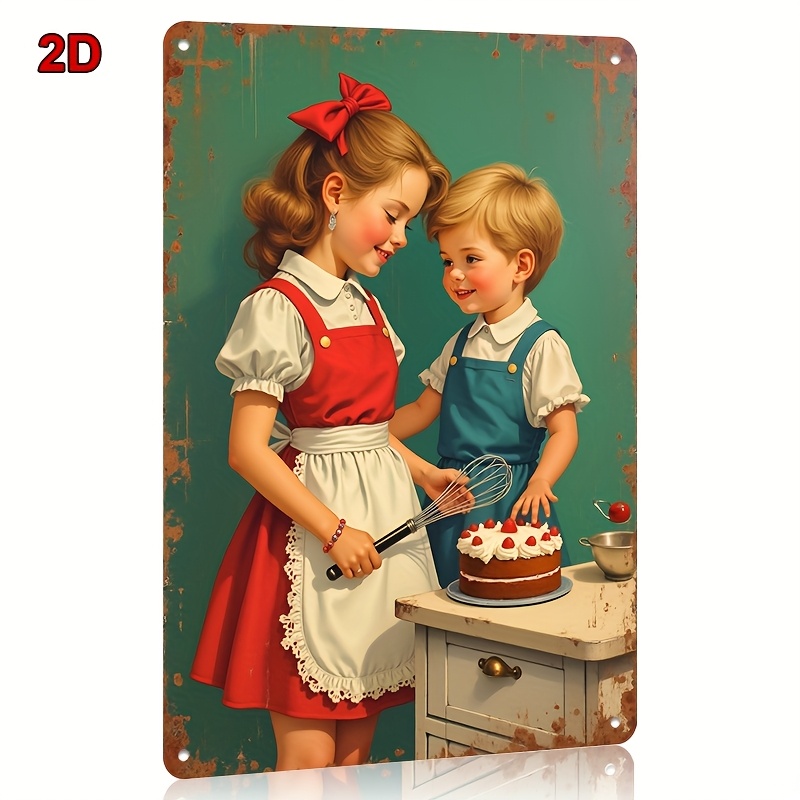 8x12インチ メタルブリキ看板 兄妹がベイクしたイチゴケー - Kitchen Baking Wall Art のレビューと価格