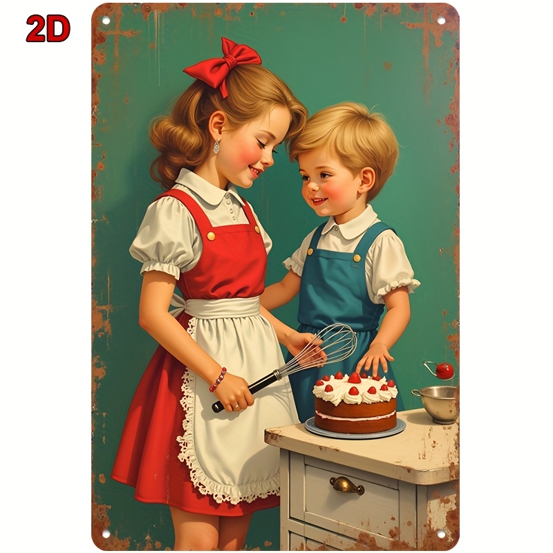 8x12インチ メタルブリキ看板 兄妹がベイクしたイチゴケー - Kitchen Baking Wall Art のレビューと価格