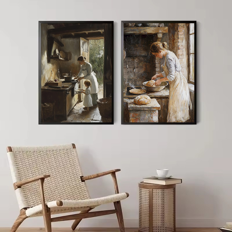 フレンチキッチン女性ベーキングパンブルーアジサイ田園風景ヴィ - Kitchen Baking Wall Art のレビューと価格
