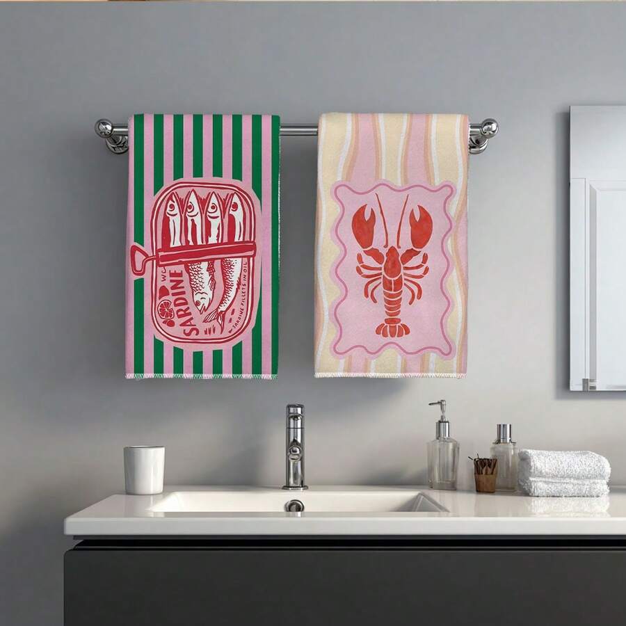 2枚セット、ピンクとグリーンのストライプ模様のエビと魚柄キッ - Kitchen Baking Must Haves のレビューと価格