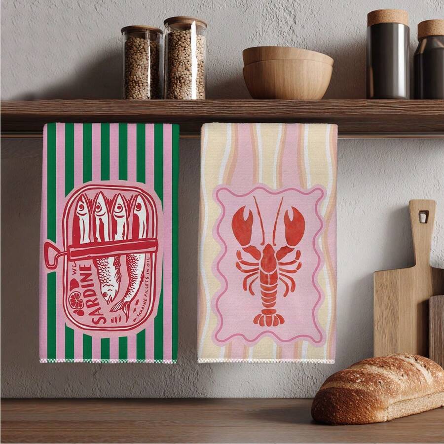 2枚セット、ピンクとグリーンのストライプ模様のエビと魚柄キッ - Kitchen Baking Must Haves のレビューと価格