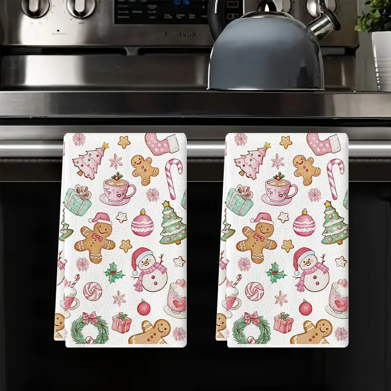 2枚入り、ピンクの雪だるまクリスマスツリーキッチンタオル、4 - Kitchen Baking Necessities のレビューと価格