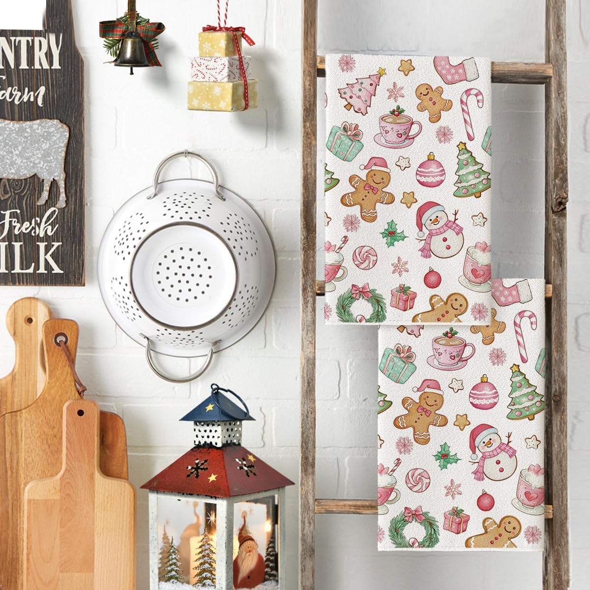 2枚入り、ピンクの雪だるまクリスマスツリーキッチンタオル、4 - Kitchen Baking Necessities のレビューと価格