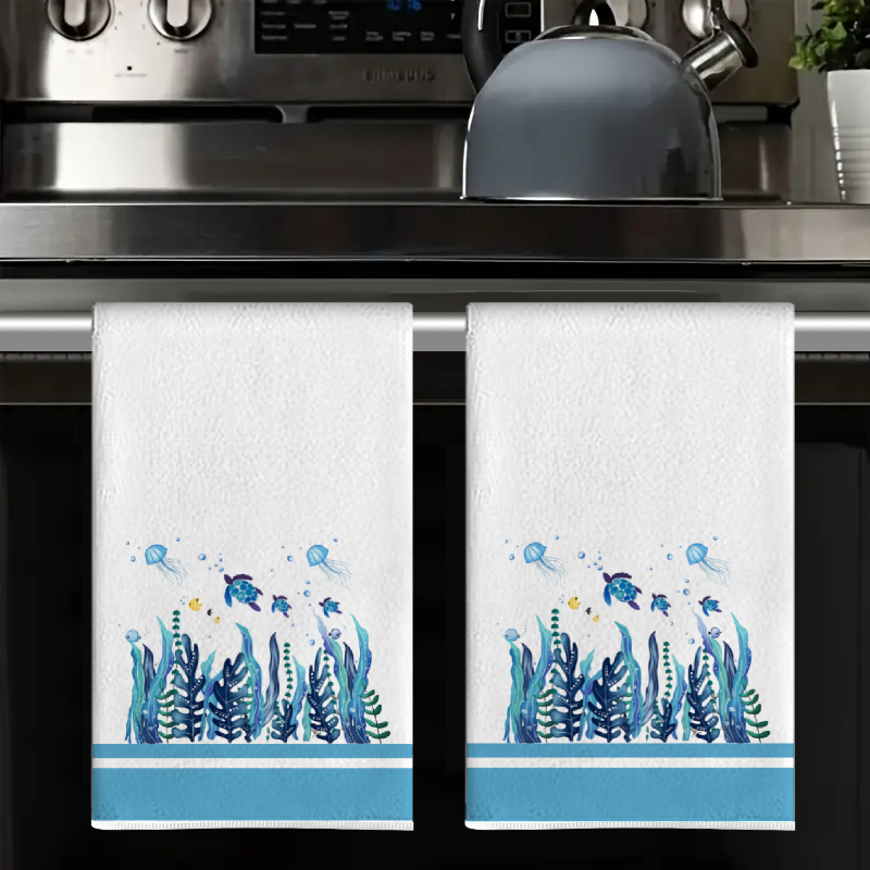 2枚組、青縁の海亀とクラゲ柄のキッチンタオル、最高のキッチン - Kitchen Baking Necessities のレビューと価格